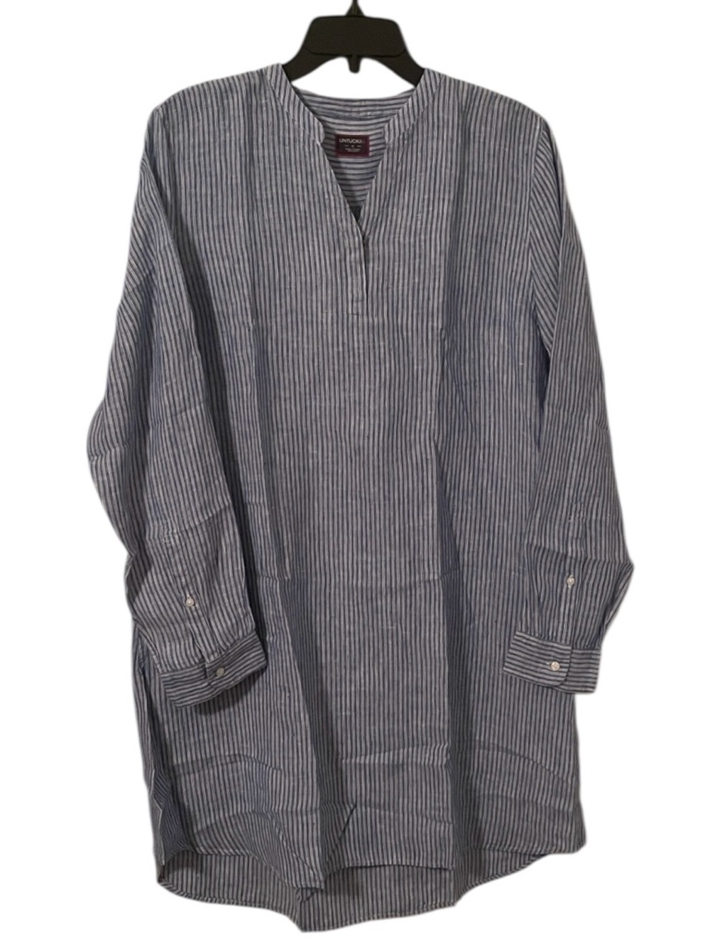Untuckit Women's Blue White Striped Relaxed Linen Constantia Tunic Shirt Size 16